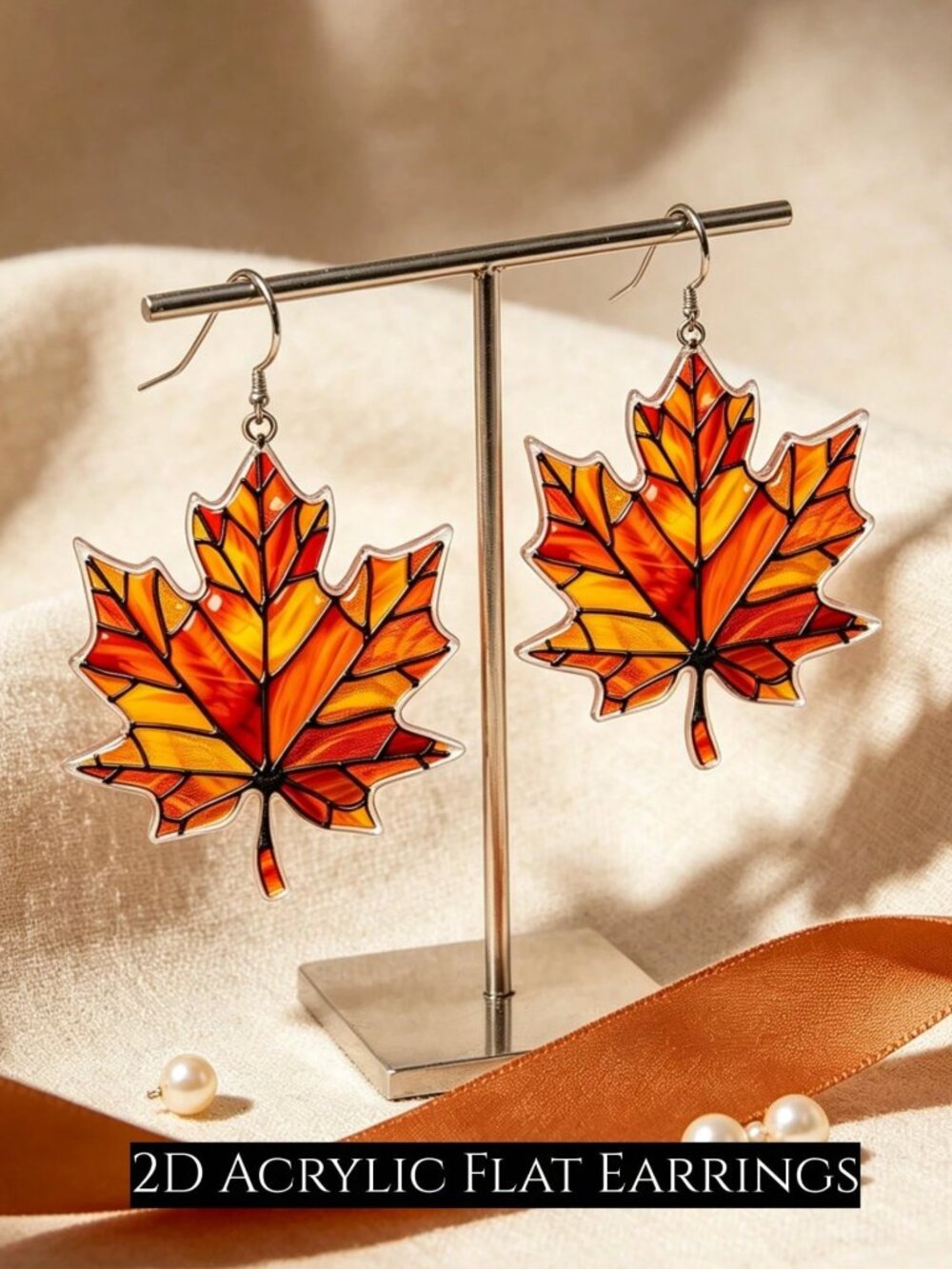 2D Autumn Maple Leaf Dangle Earrings, Orange-Red Leaf Acrylic drop earrings